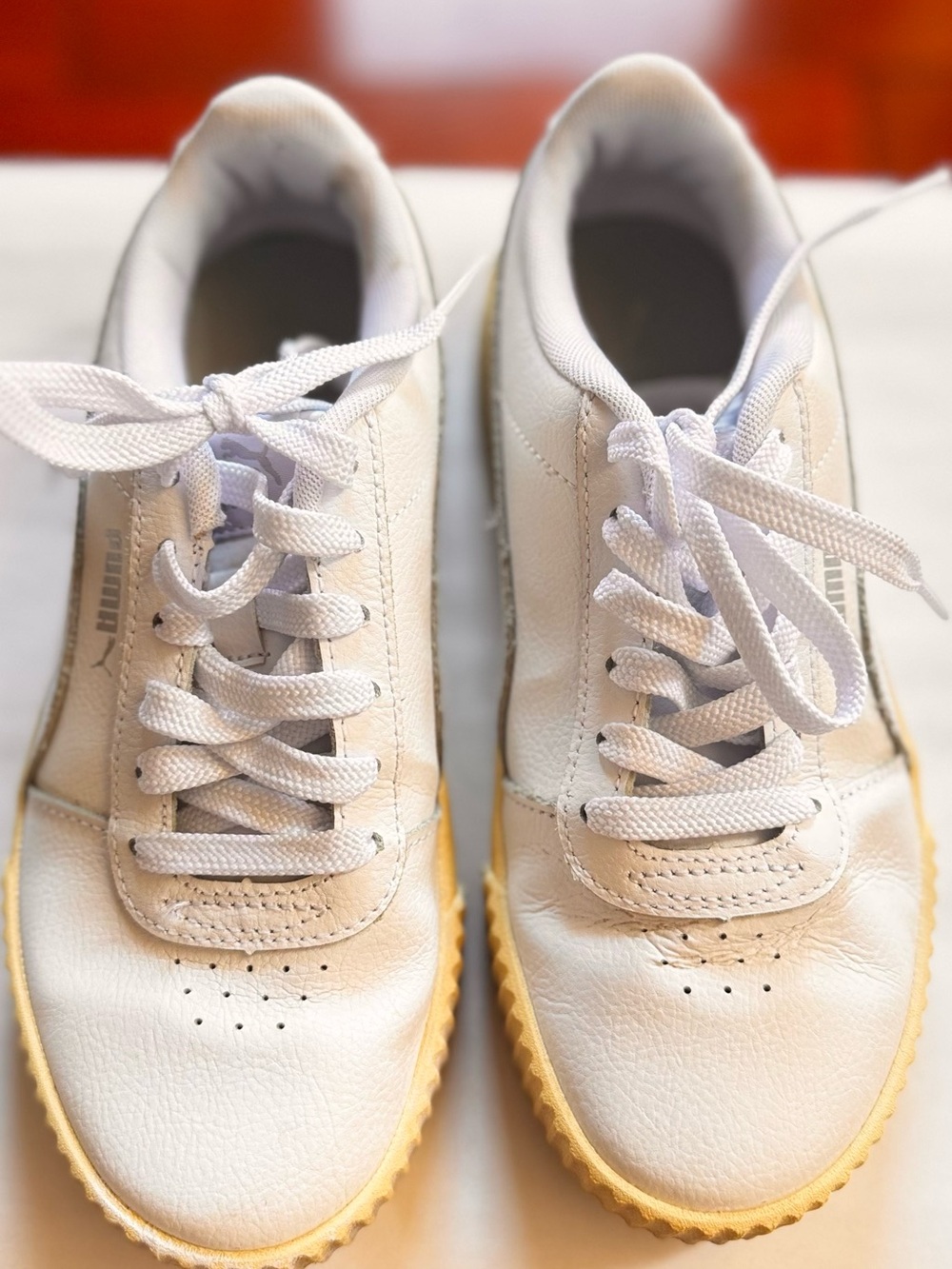 Puma White Leather Sneakers with Gum-Trim Sole